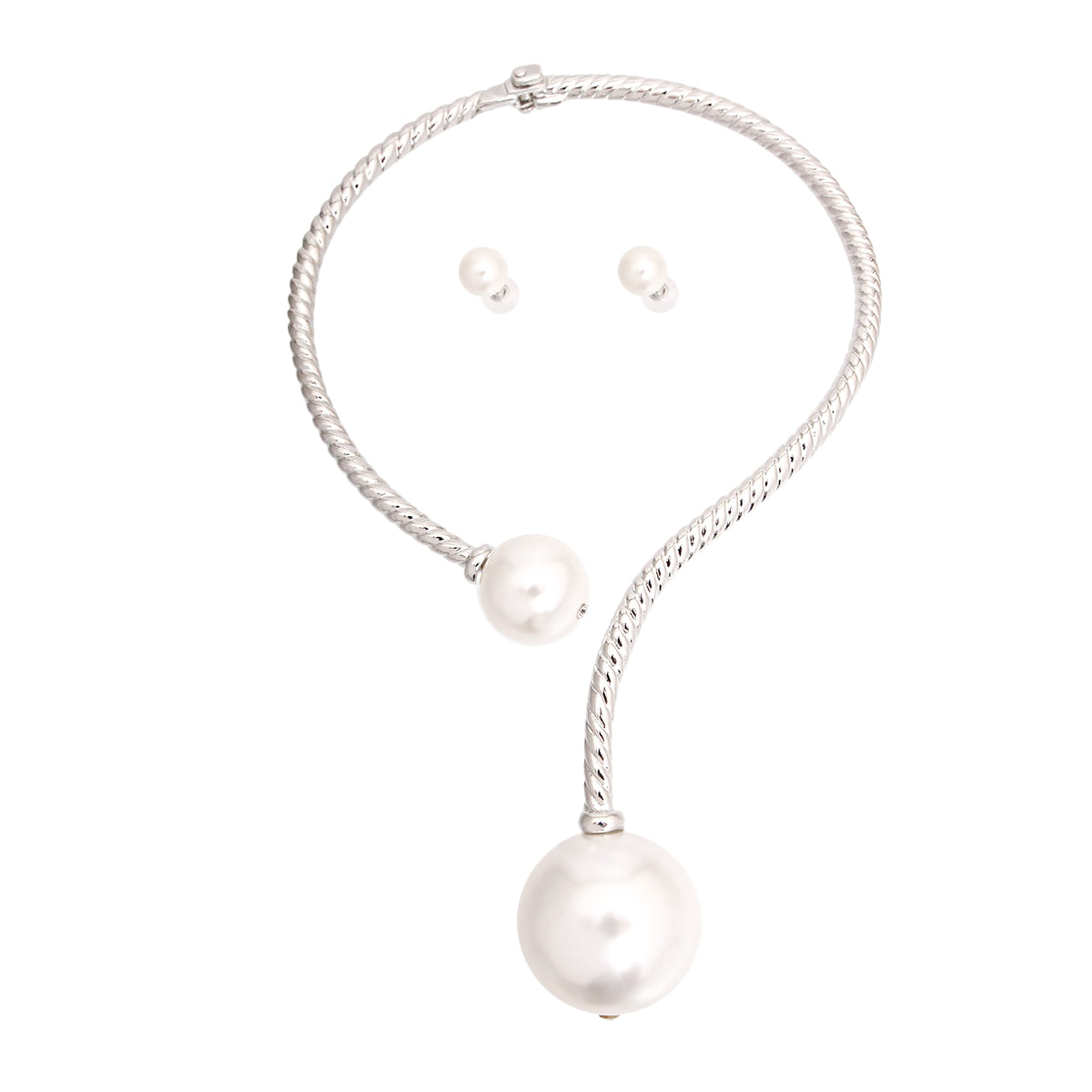 Silver Twisted Choker Pearl Necklace Set
