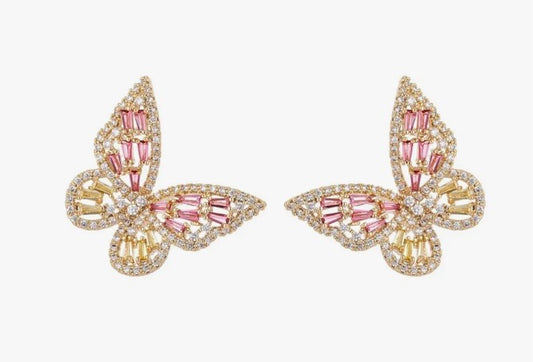 Pink & Gold Butterfly Stud Earrings