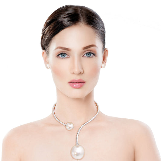 Silver Twisted Choker Pearl Necklace Set